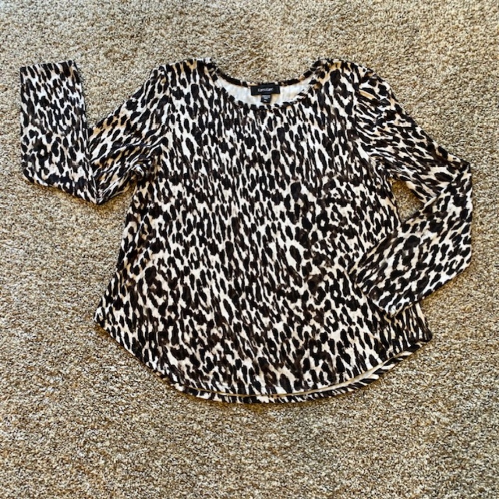 Karen Kane Black Brown Leopard Print Crew Neck Stretch Long Sleeve Top XL